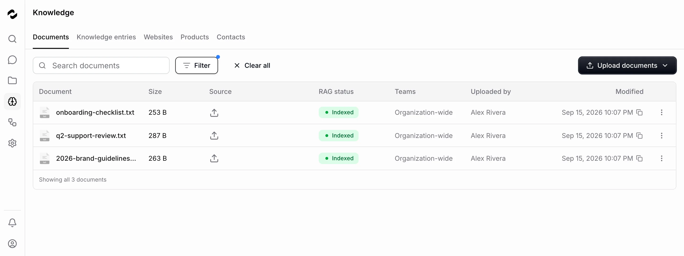 The Documents tab displays shared files with size, source, RAG status, and team columns.