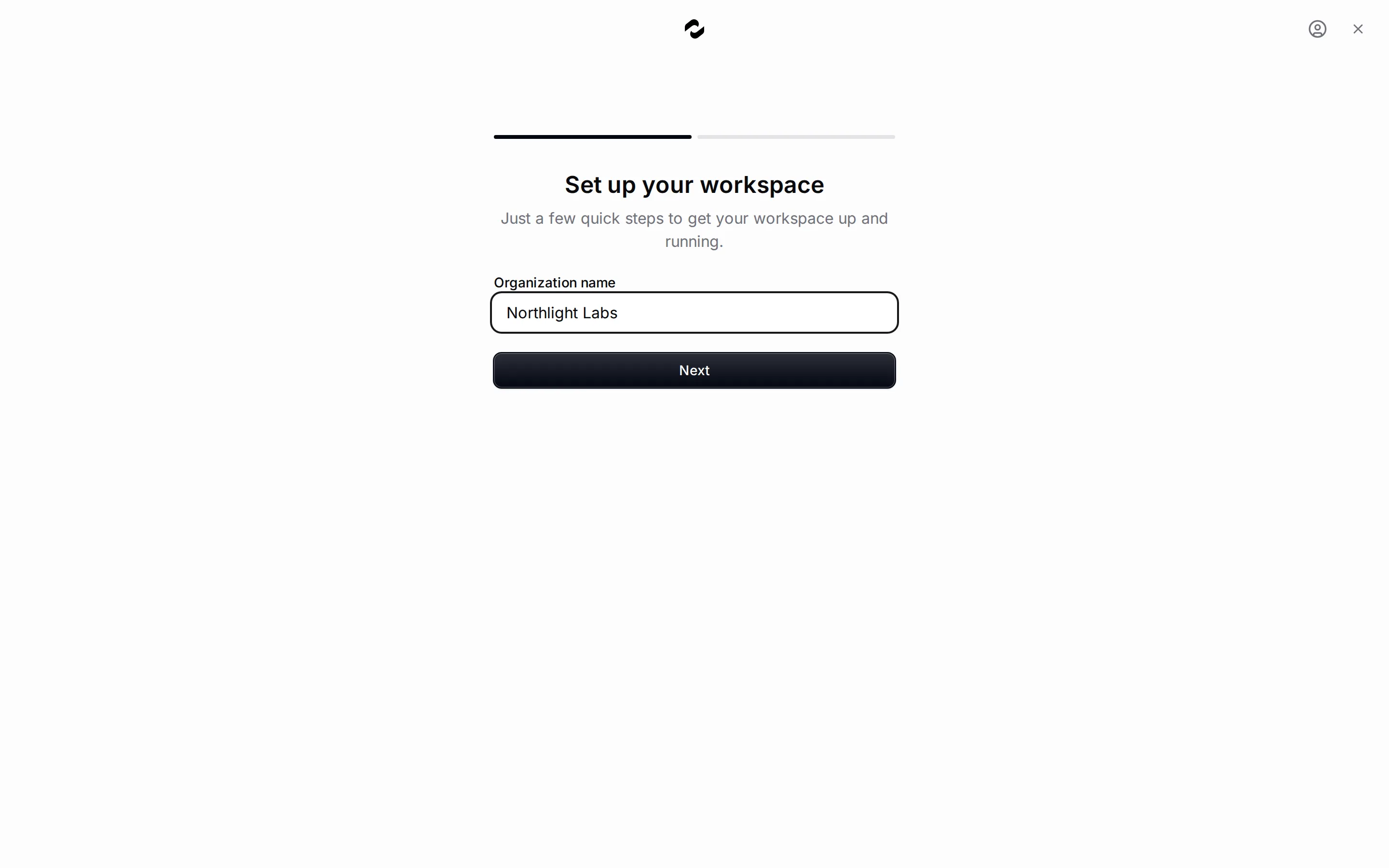 The organization creation wizard shows the Organization name field.