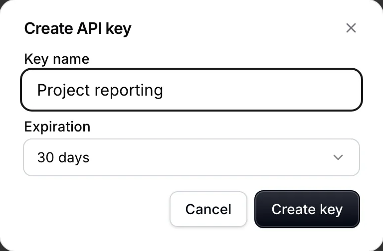 The Create API key dialog asks for a descriptive name and an expiry before a key is generated.