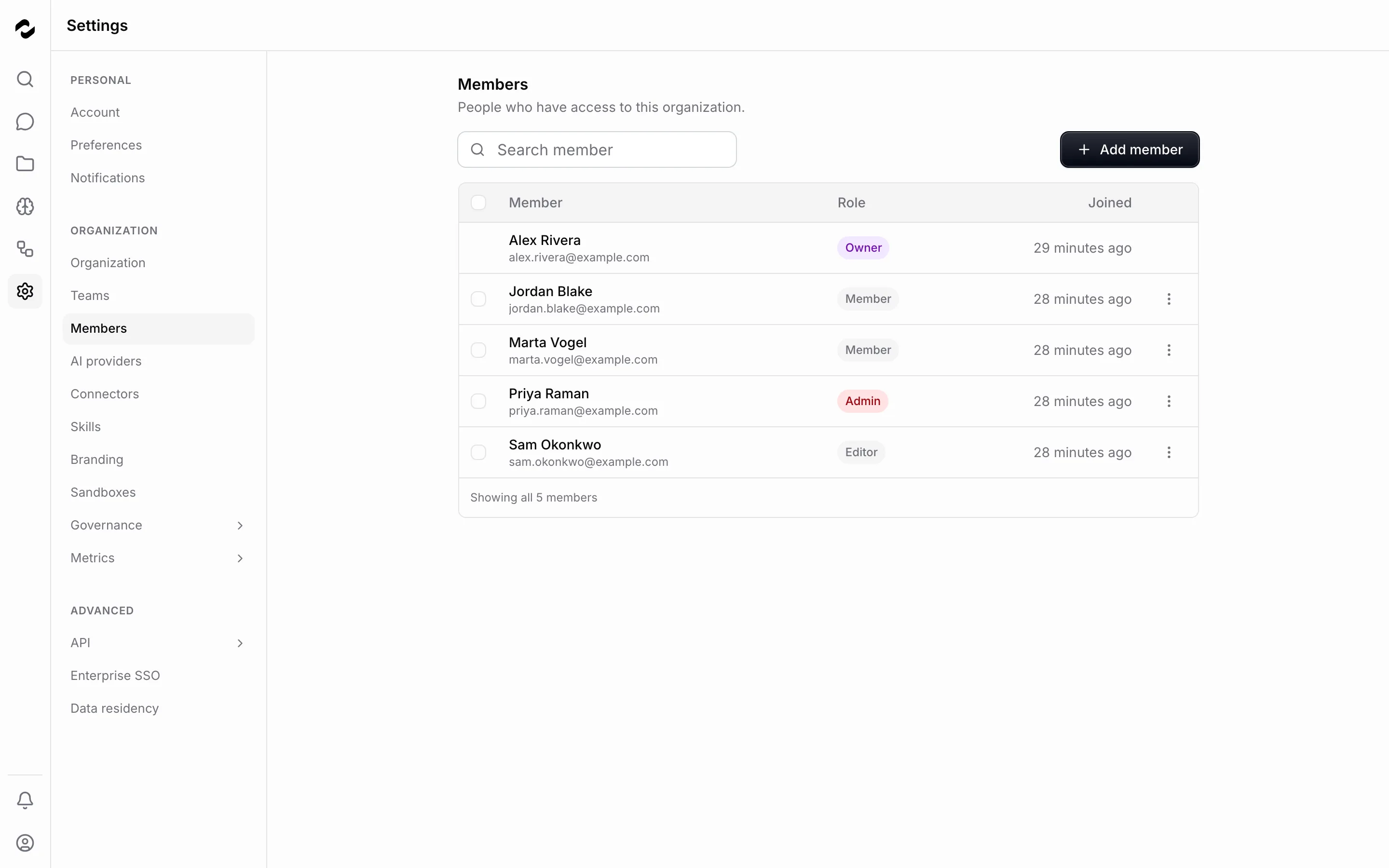 The Members page shows the people in the organization and the role assigned to each person.