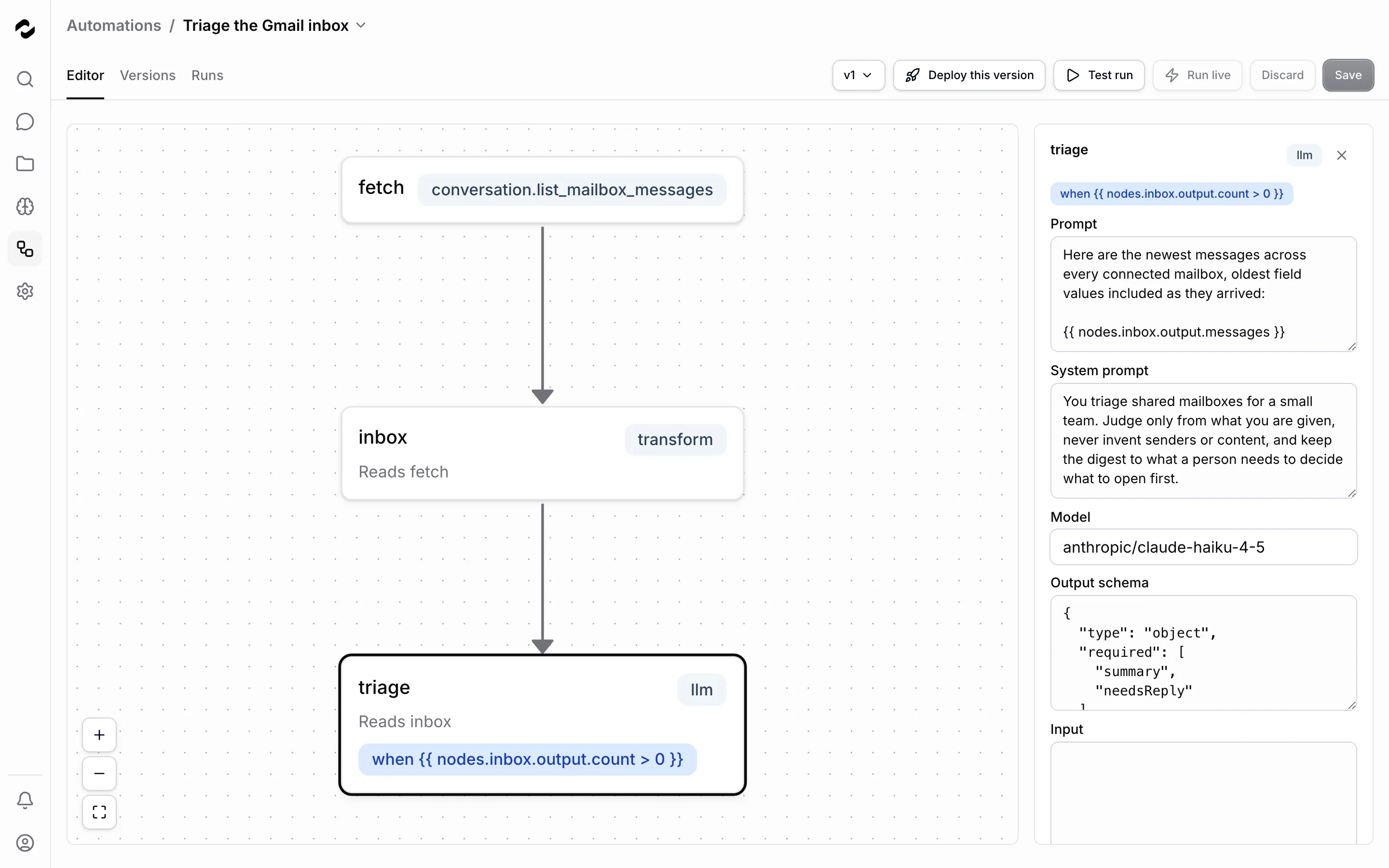 The workflow editor shows connected nodes and the selected node’s fields beside the canvas.