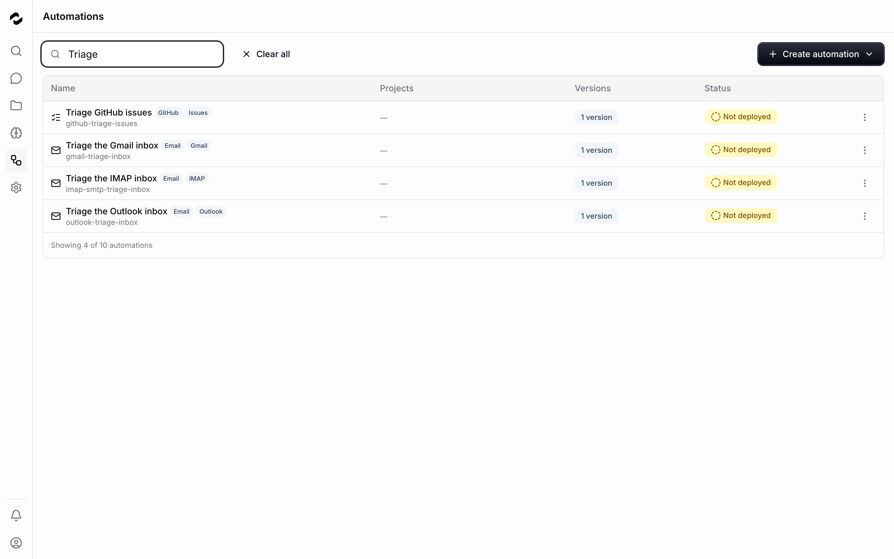 Four filtered triage automations for GitHub, Gmail, IMAP and Outlook, with their versions, deployment states and the Create automation button.