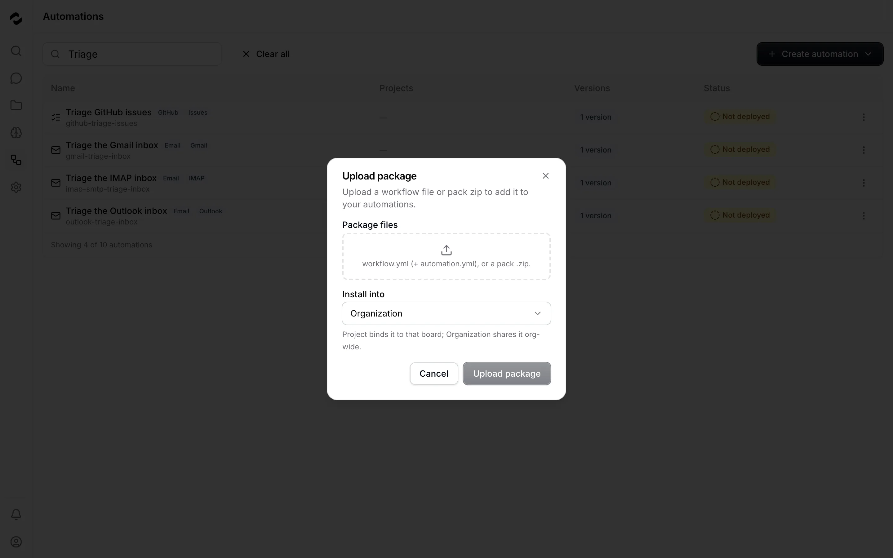 The upload package dialog with its file drop zone and the Install into picker set to Organization.