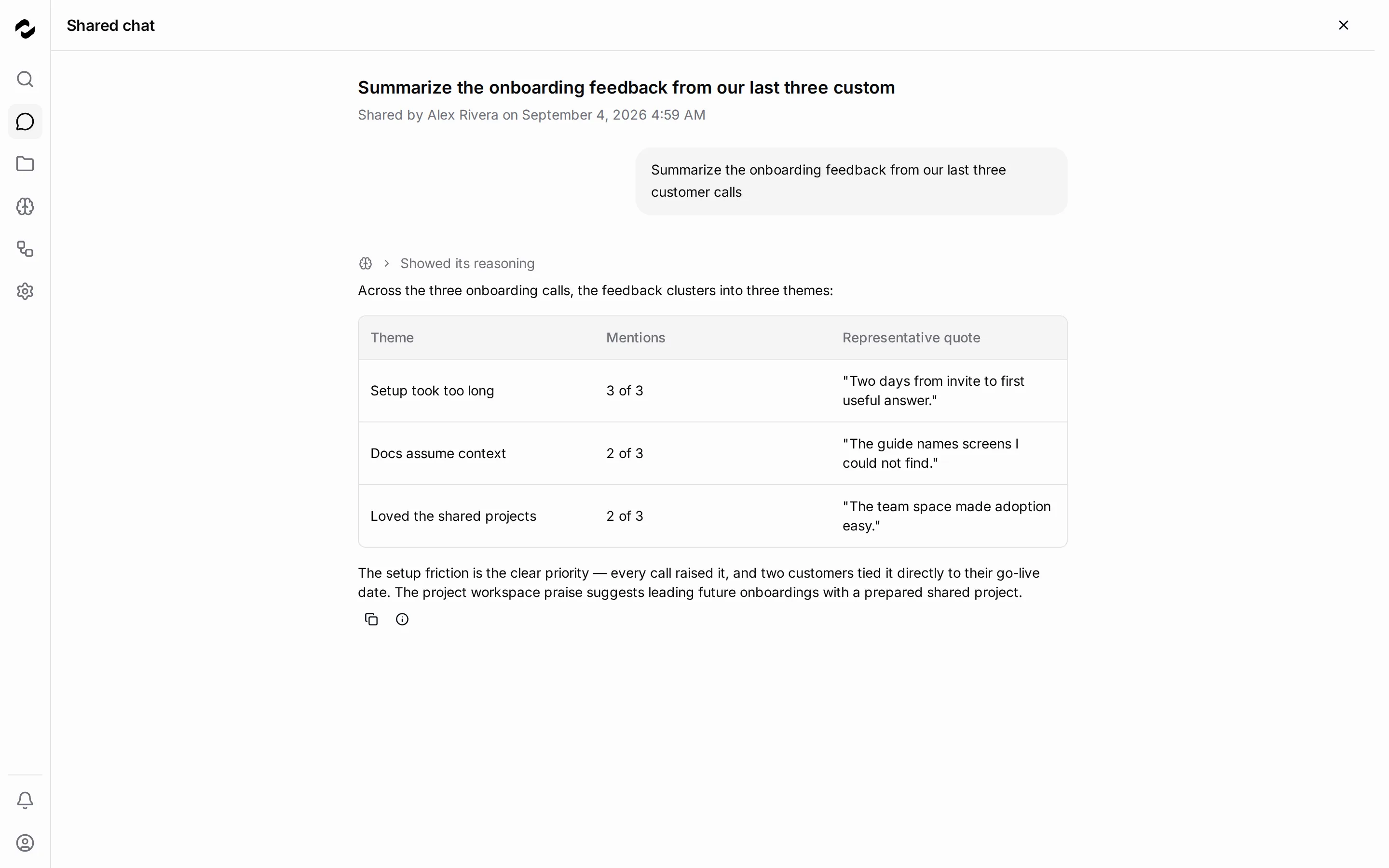 A read-only shared chat shows its transcript and a byline identifying the person who shared it and the date.