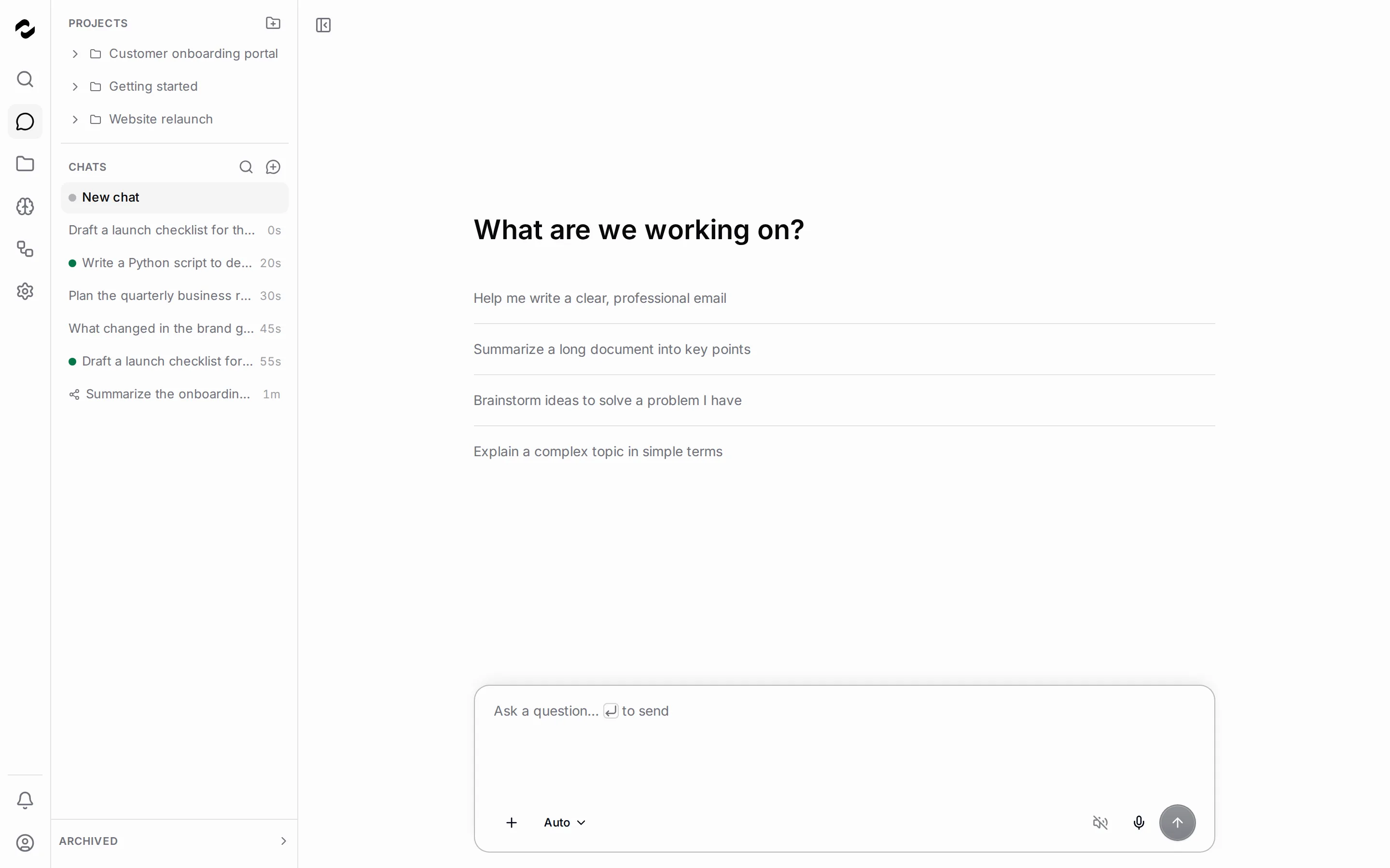 A new chat shows the welcome heading, four starter prompts, and the message composer.