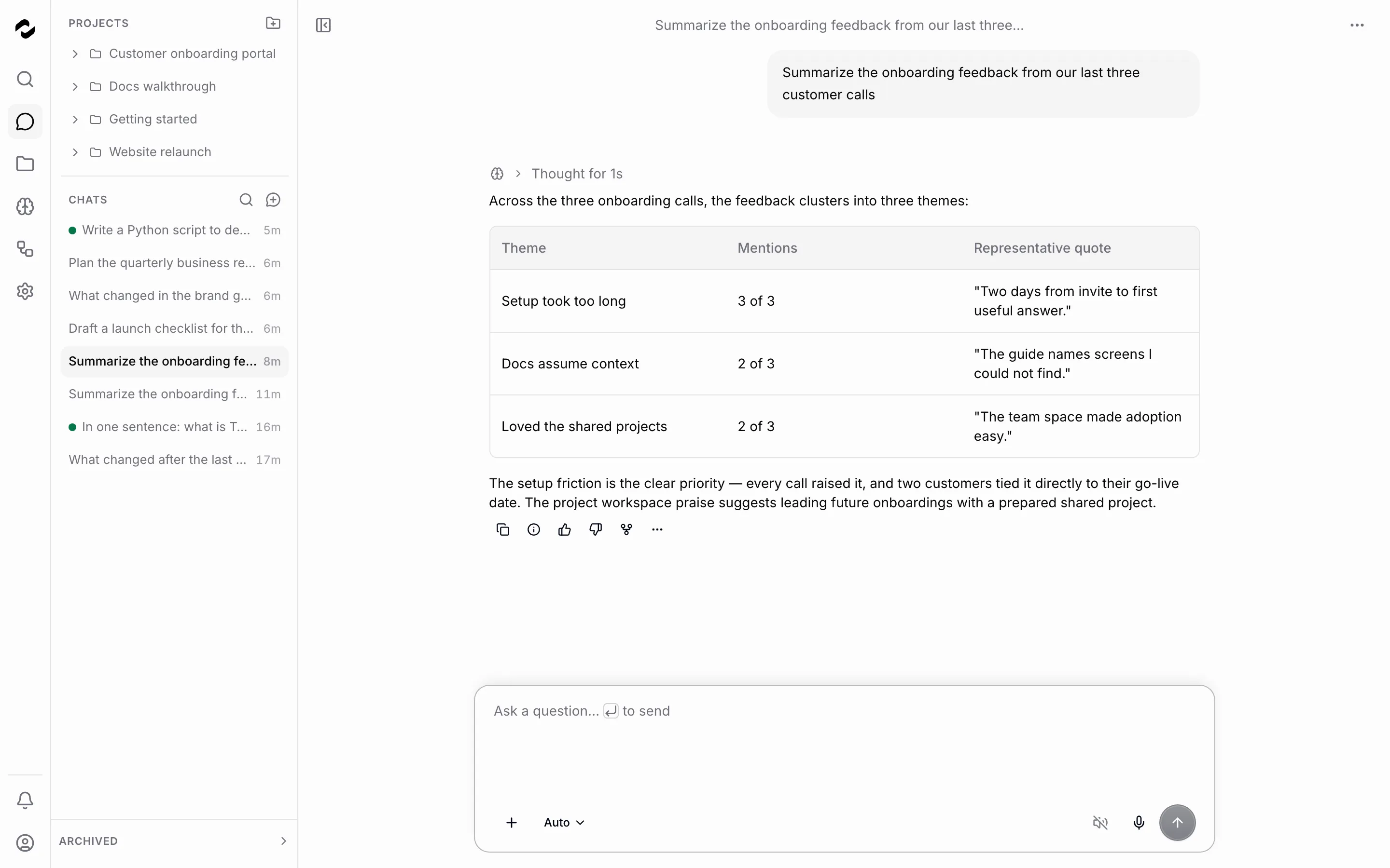 A chat about onboarding feedback shows the question and an assistant reply with three themes in a table.