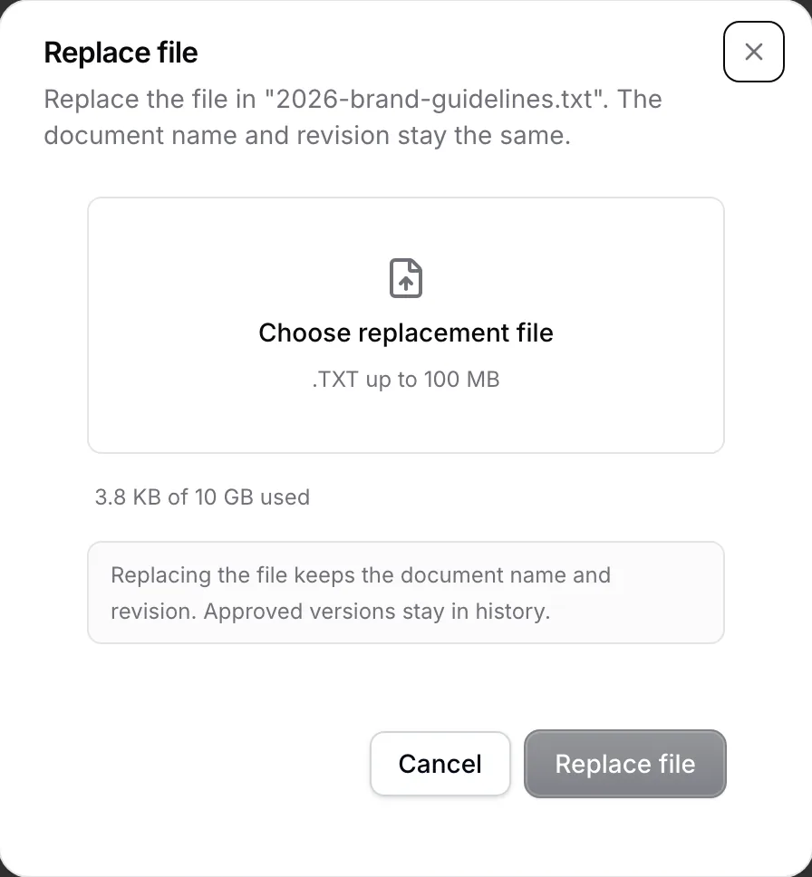 The Replace file dialog for a controlled text document, with a same-format file picker and a note that approved versions remain in history.