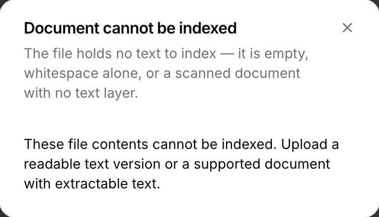 The Document cannot be indexed dialog reports an empty document or scan without a text layer and recommends uploading readable text.