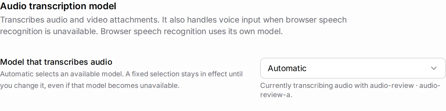 The Audio transcription model section shows Automatic and identifies the current server transcription model.