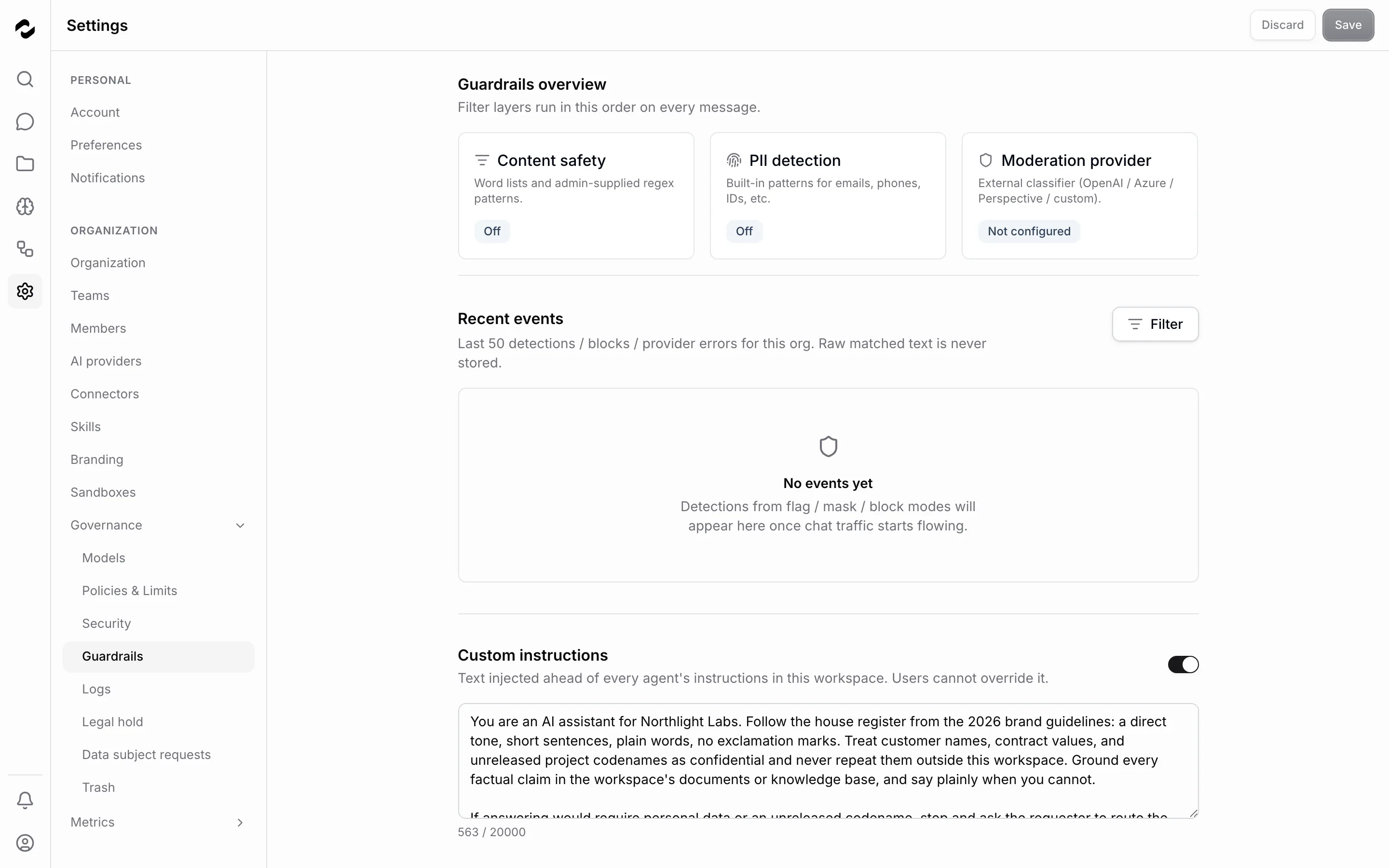 The Guardrails governance page showing three status cards — Content safety off, PII detection off, and the Moderation provider not configured — above a recent-events feed reporting no events yet and the organization's custom instructions.
