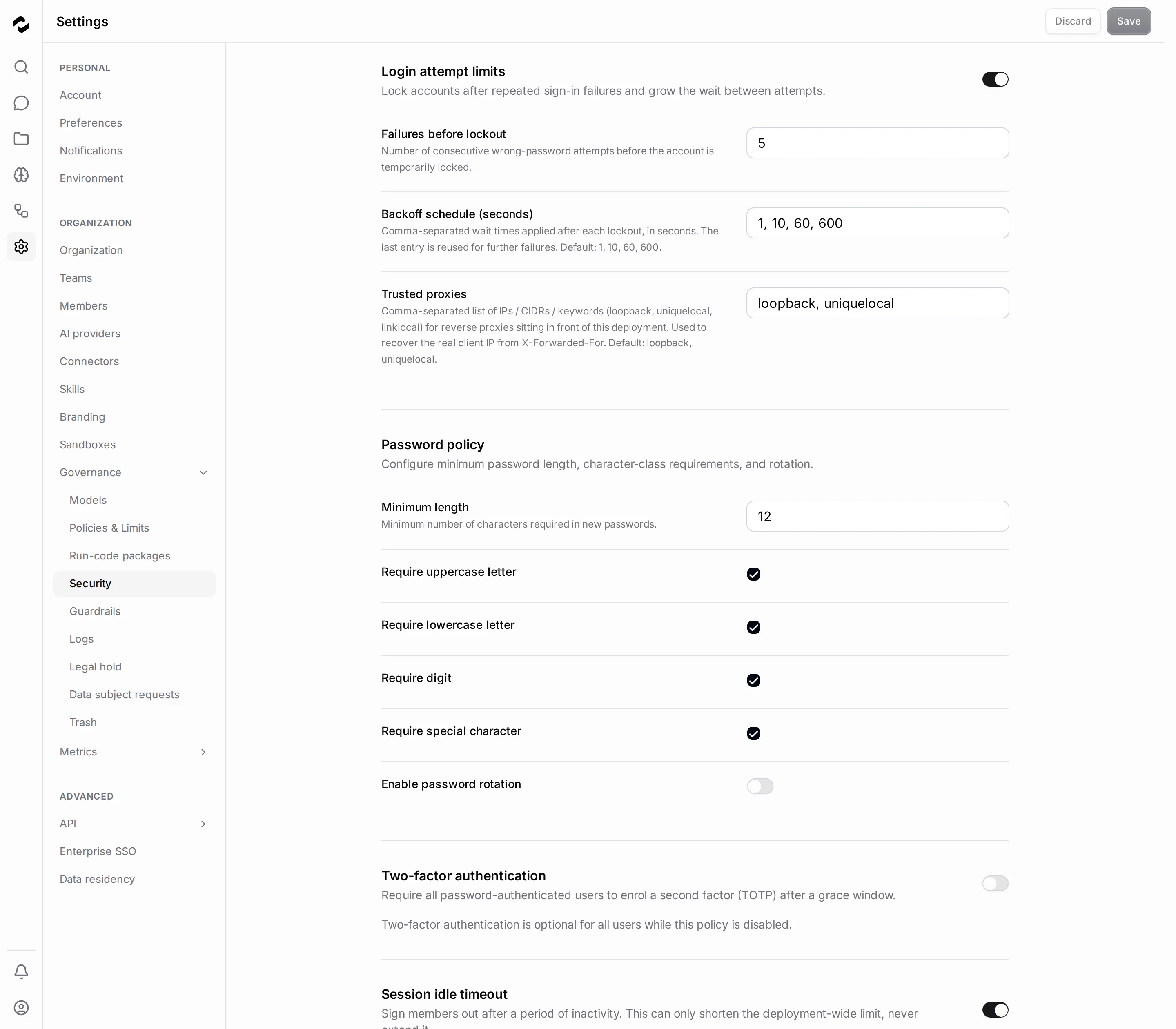 Security settings showing sign-in limits and password requirements above the two-factor policy.