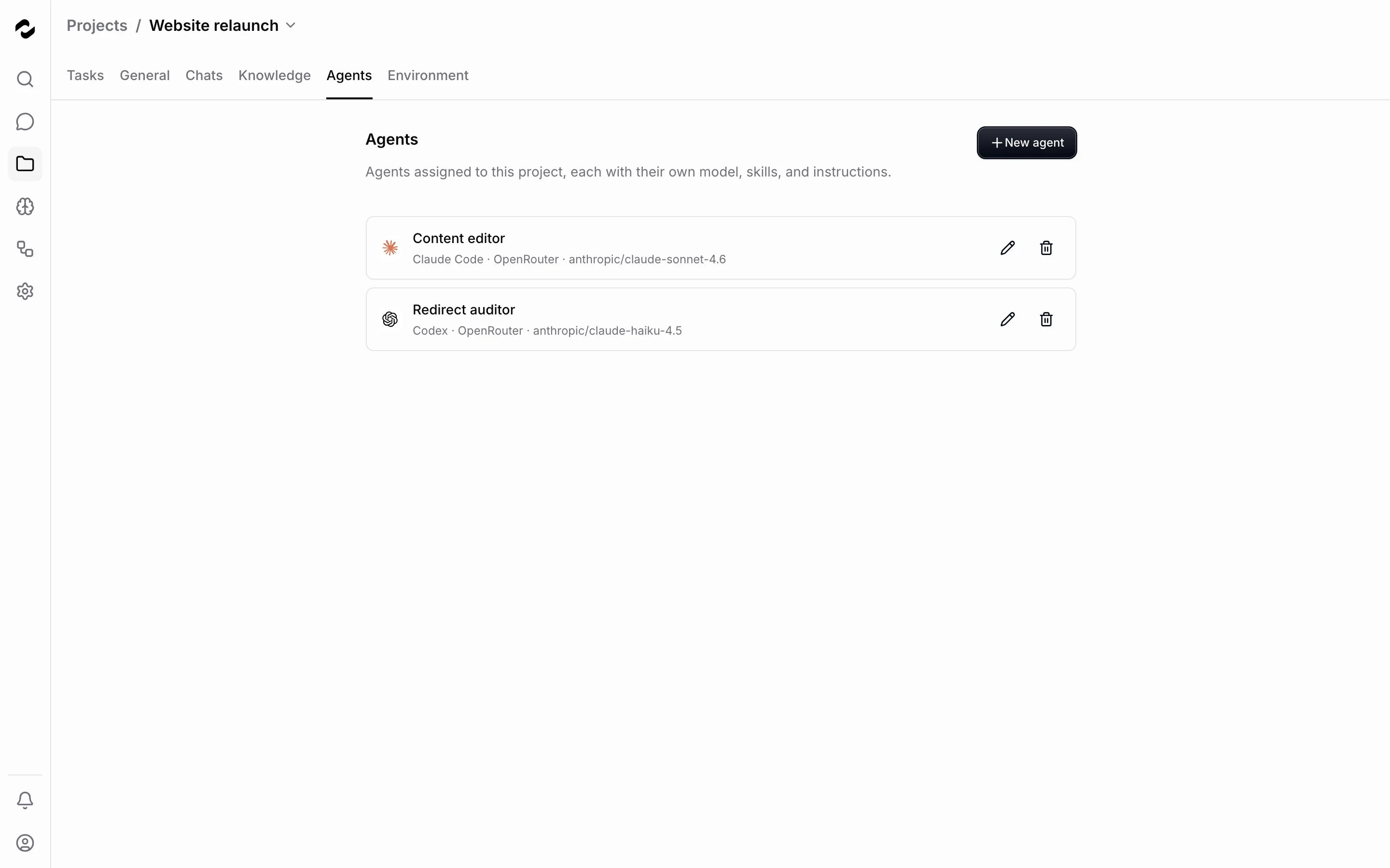 The project Agents tab lists agents with their configured runtime and model.