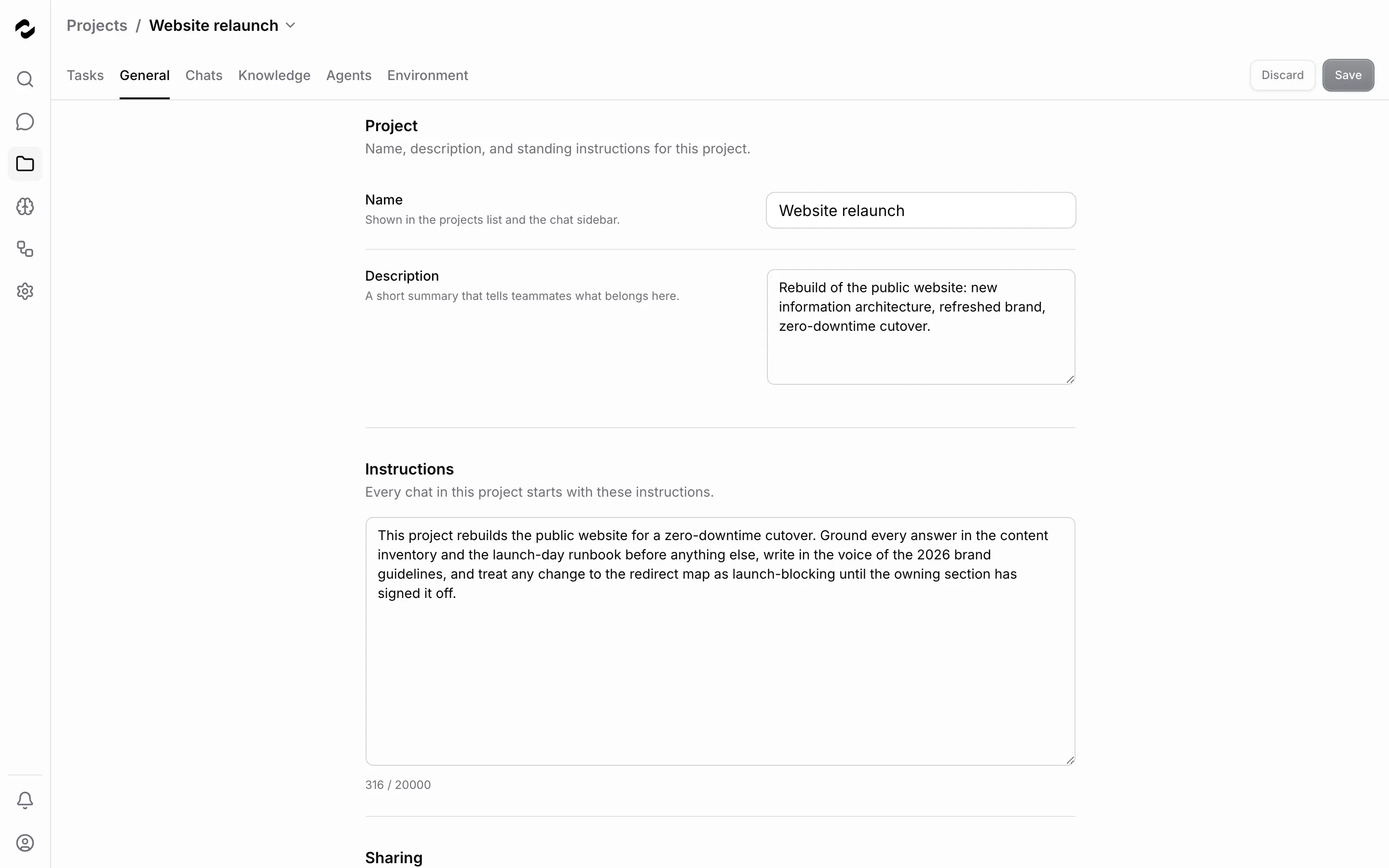 The General page of Website relaunch shows the name, description, Instructions editor, Sharing section, and Save and Discard controls.