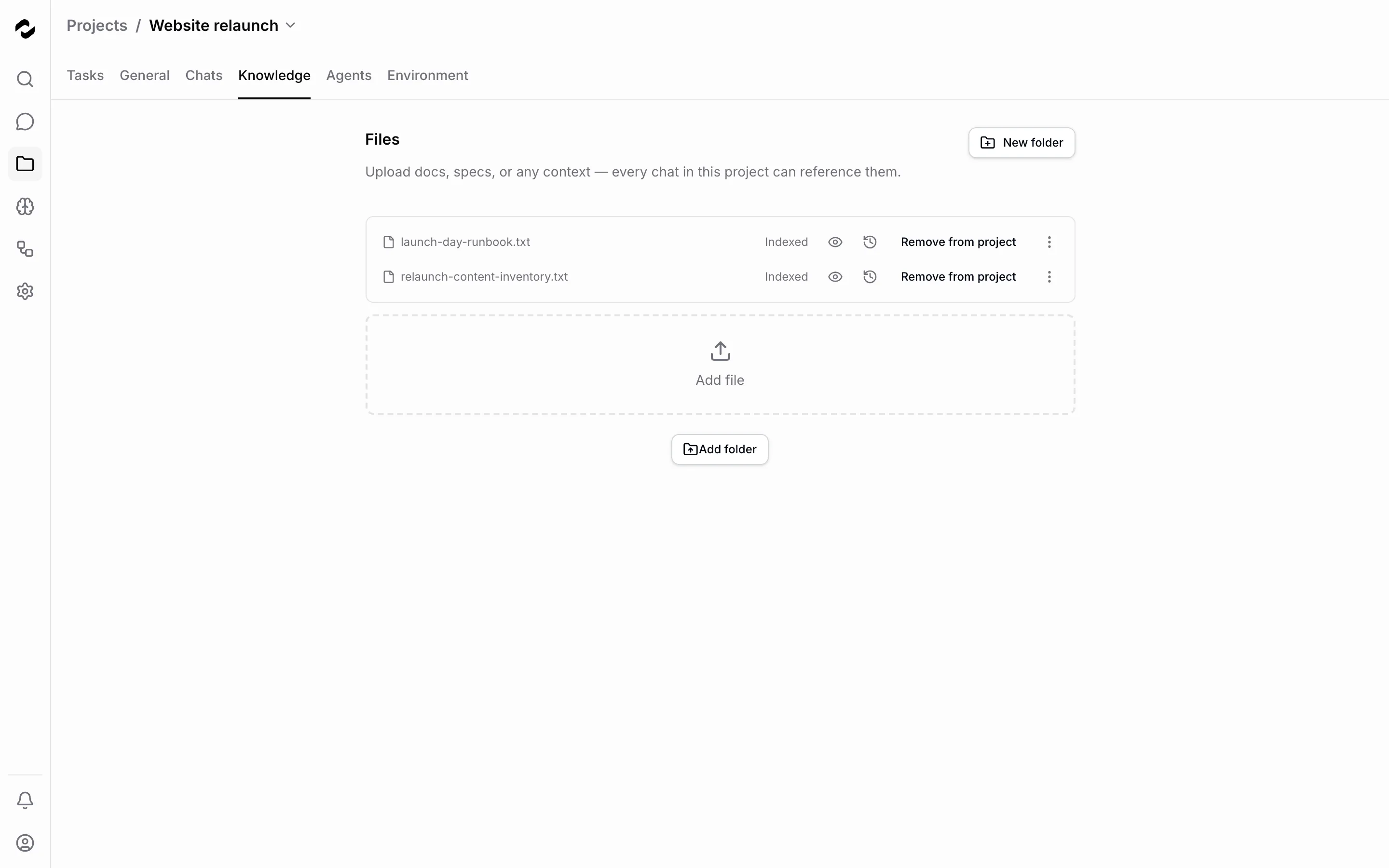 The Website relaunch project’s Knowledge tab lists two indexed files and offers controls to add files and folders.