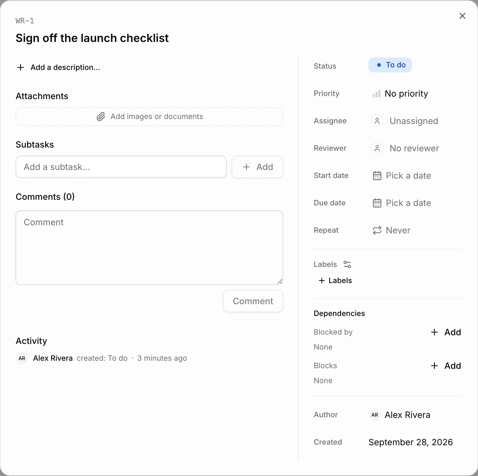 The task Sign off the launch checklist shows its description area, attachments, subtasks, comments, status, assignee, reviewer, dates, repeat, labels, and dependencies.