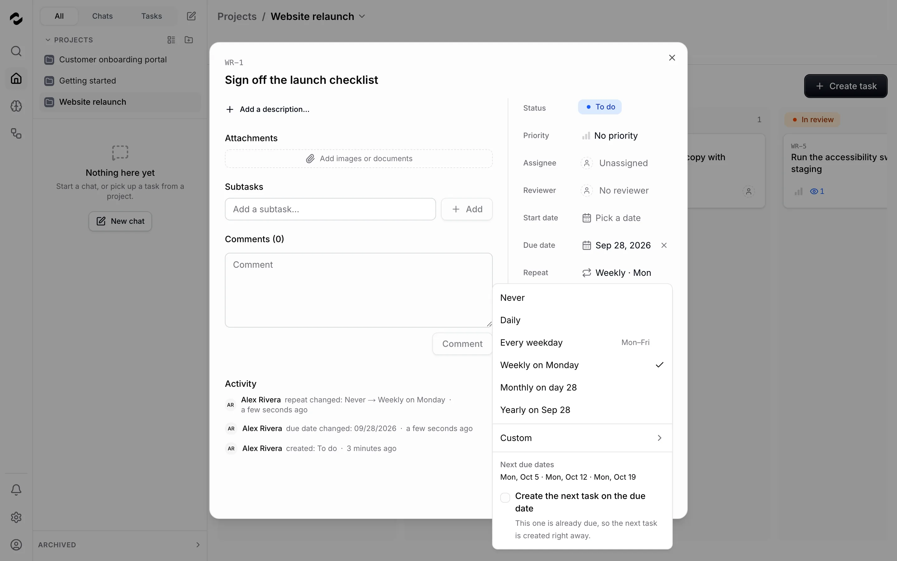 The Repeat menu of the task Sign off the launch checklist lists Never, Daily, Every weekday, Weekly on Monday (checked), Monthly on day 28, Yearly on Sep 28 and Custom, with the next due dates and the option to create the next task on the due date.