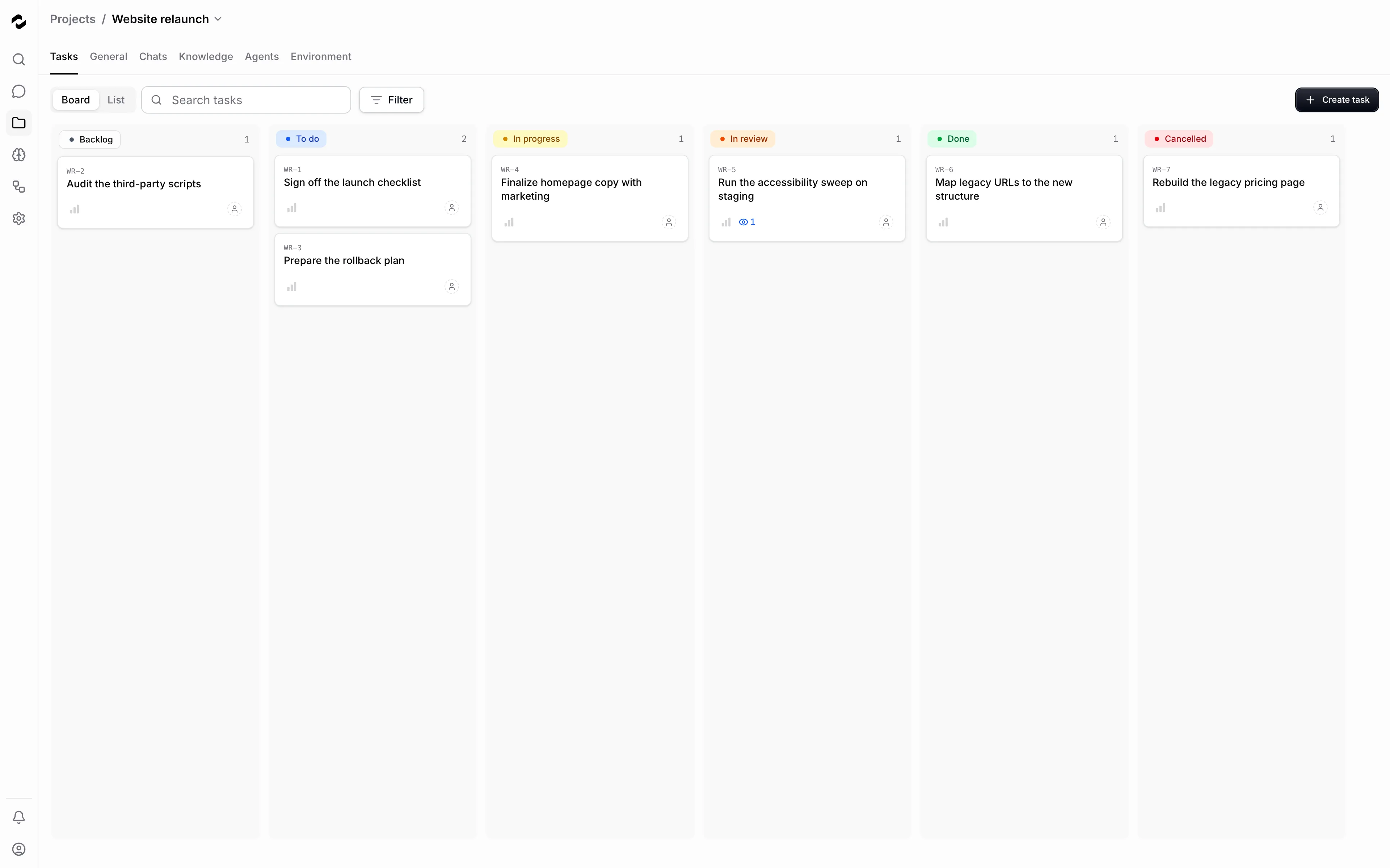 The Website relaunch project’s task board shows cards in Backlog, To do, In progress, In review, Done, and Cancelled.