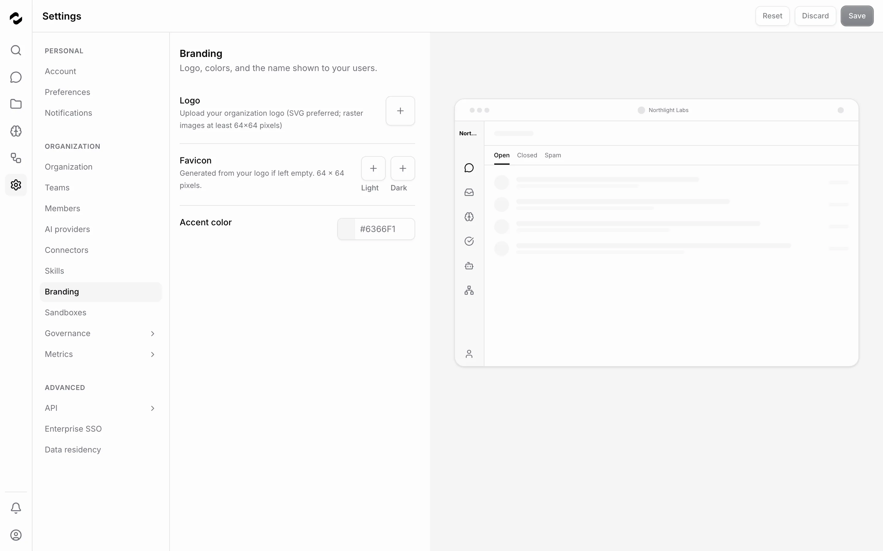 The Branding settings page with logo and favicon uploads, an accent colour field, and a live preview pane on the right.