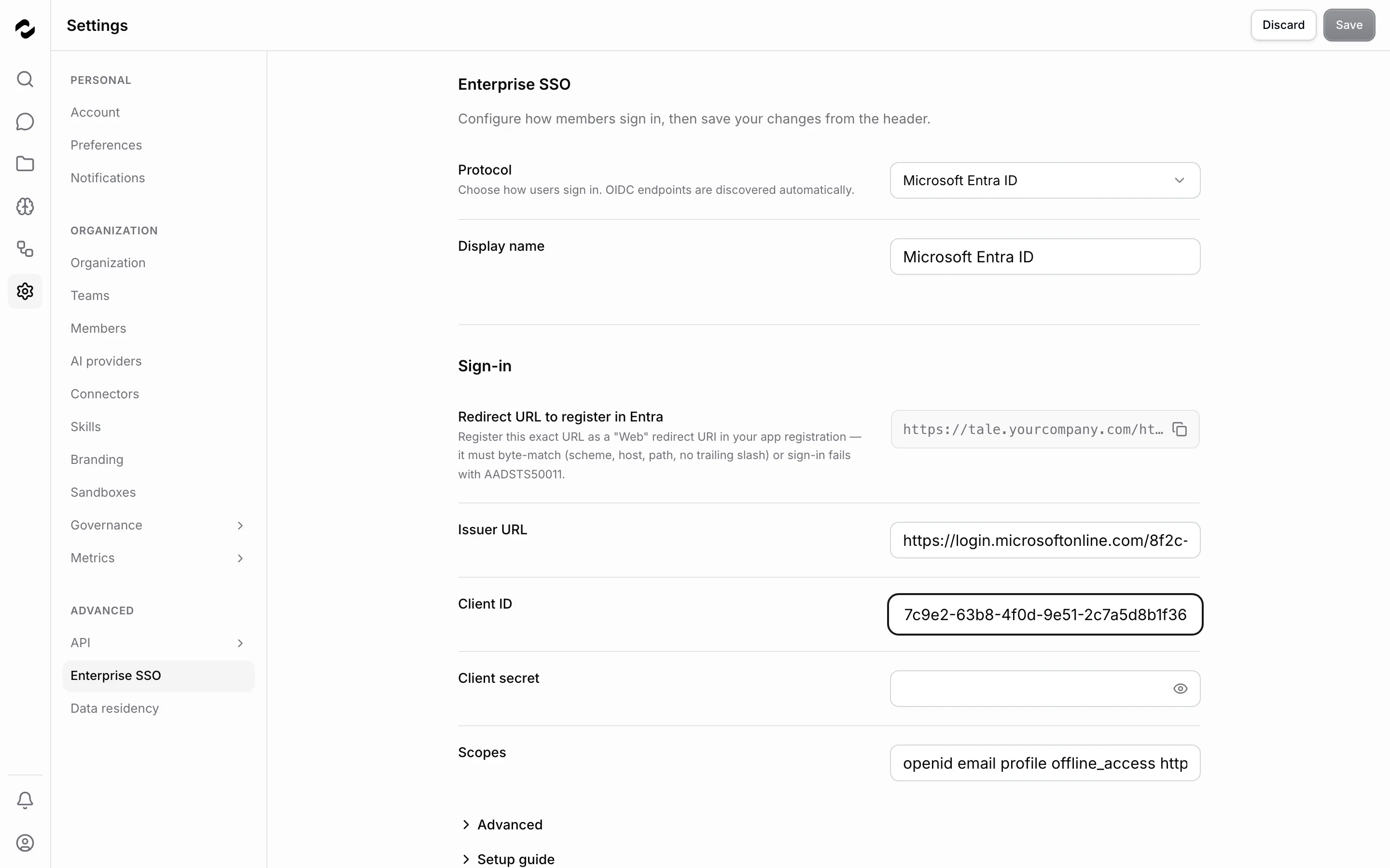 Enterprise SSO settings with Microsoft Entra ID selected, a redirect URL, and issuer and client credential fields.