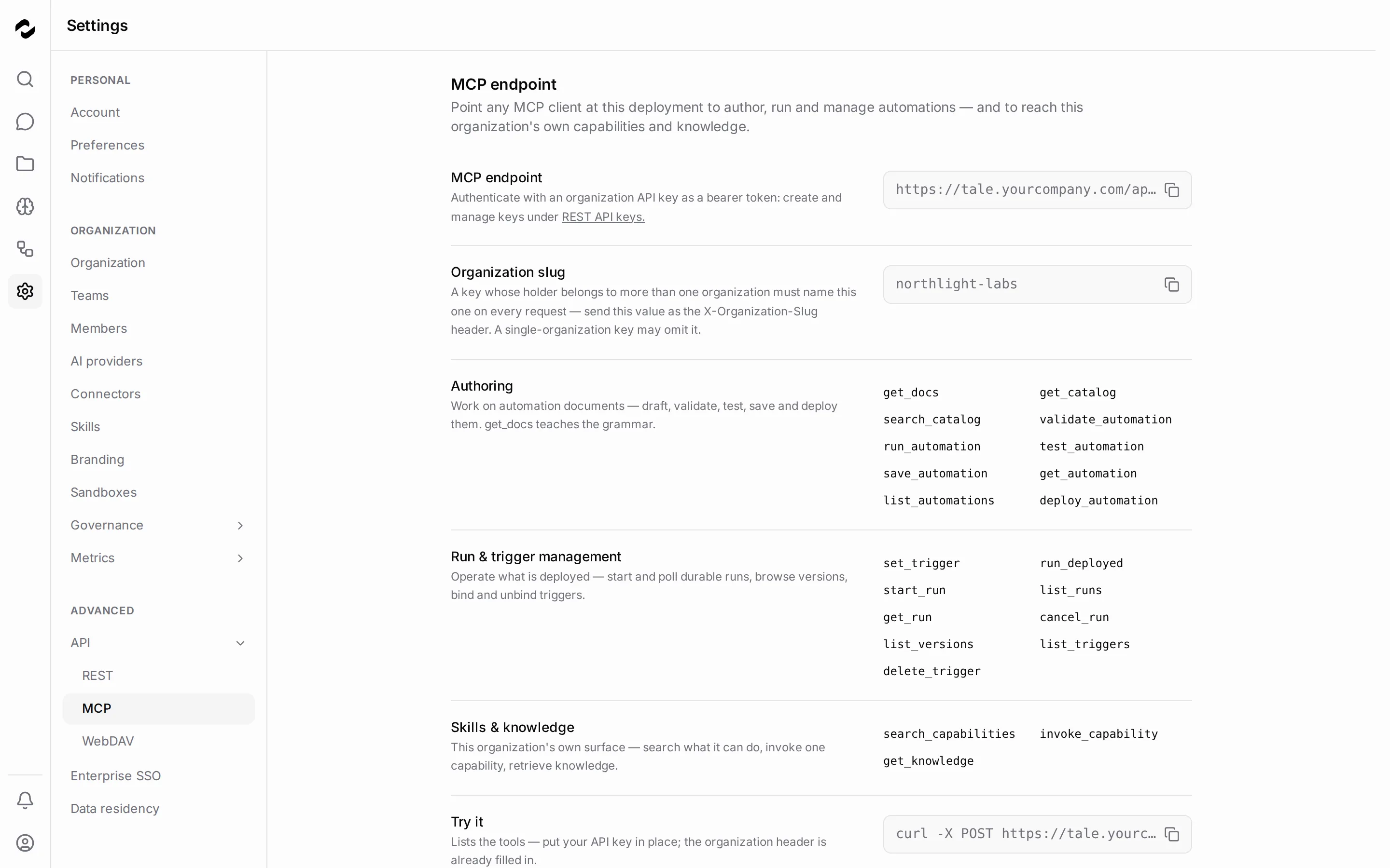 The MCP settings page shows an endpoint URL ending in /api/v1/mcp, an organization slug, tool groups, and a sample connectivity request.