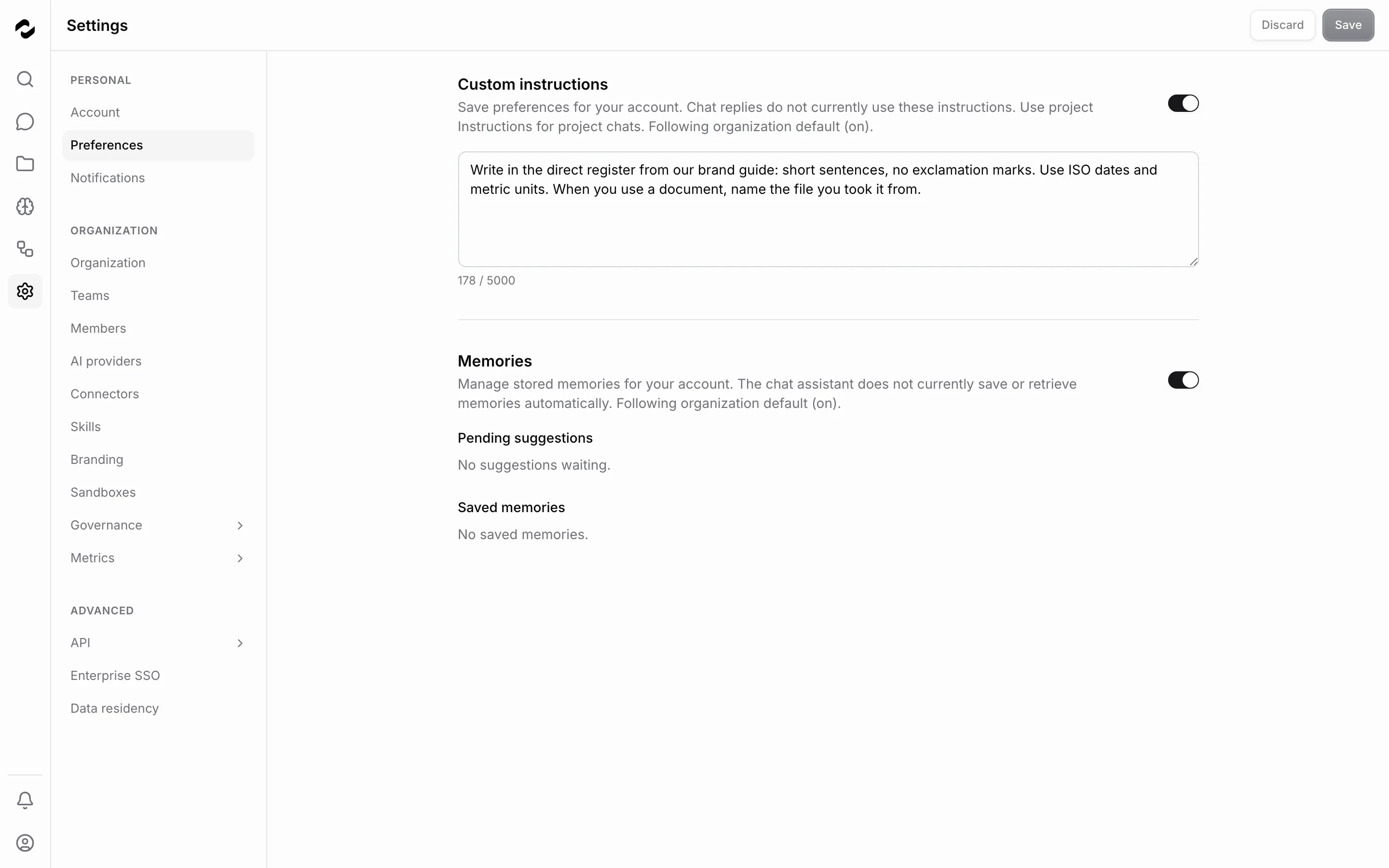The Preferences page shows the Custom instructions switch and its text field.