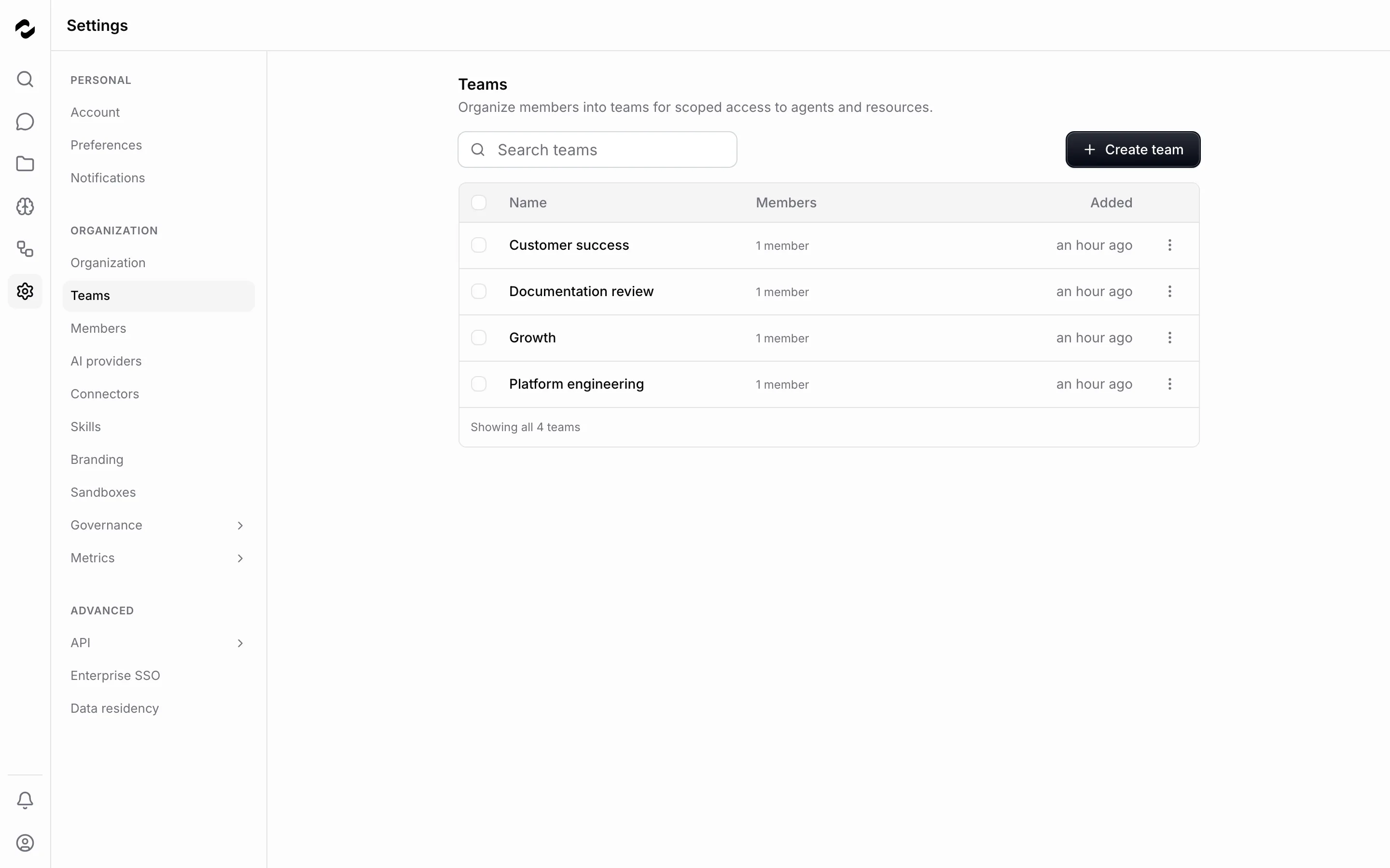The Teams settings page listing three teams — Growth, Platform engineering, and Customer success — each with one member and the date it was added, beside a Create team button.