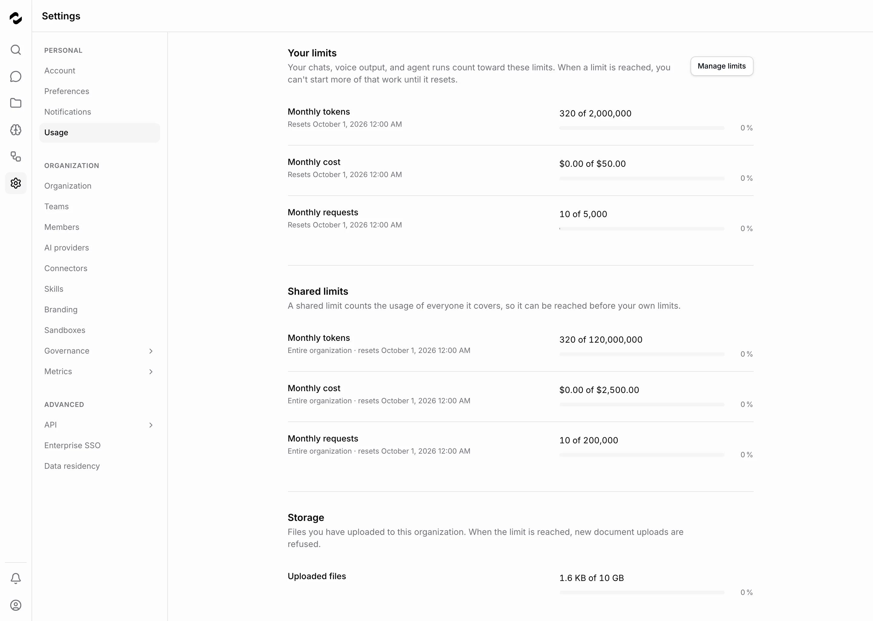 The Usage page lists personal monthly token, cost, and request limits and the organization's shared monthly limits, each with a usage bar and its reset date, above the storage used against the per-user limit. An administrator also sees a Manage limits button.