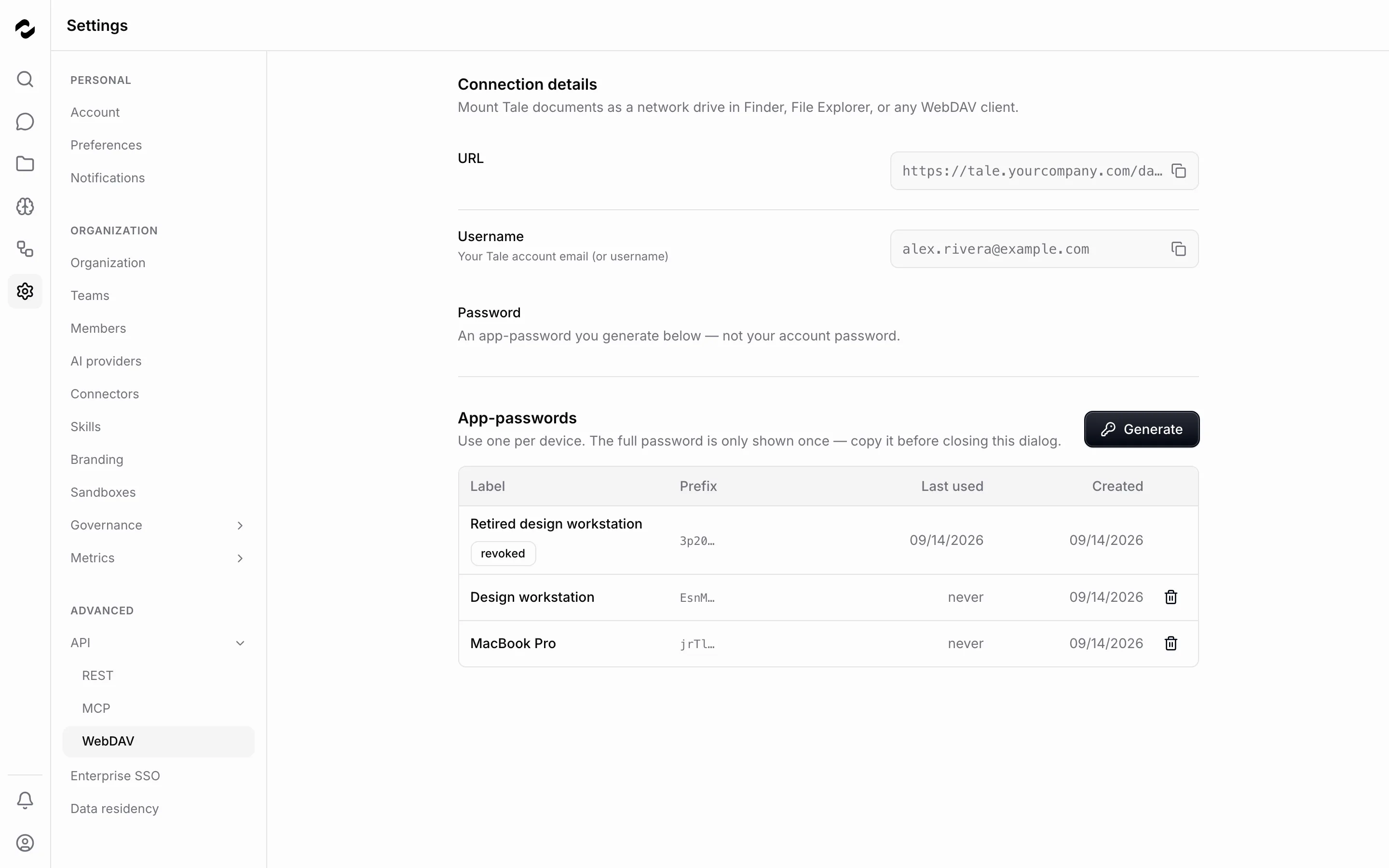 The WebDAV settings page shows the connection URL and username above three app-password rows. Retired design workstation is revoked; Design workstation and MacBook Pro remain active with Revoke actions.