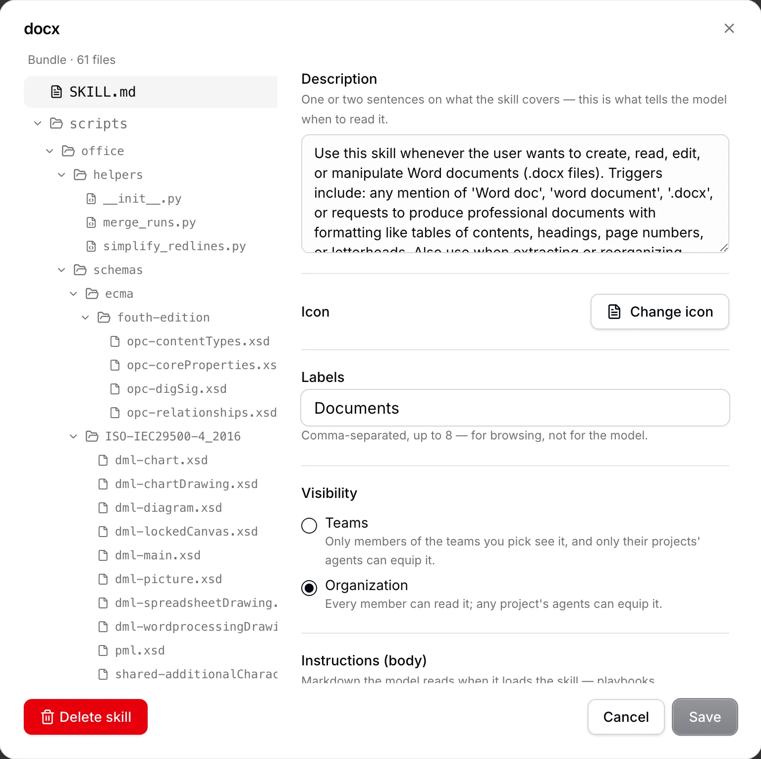 The docx skill editor shows its bundle file tree, description, labels, Organization visibility, and the Instructions heading.