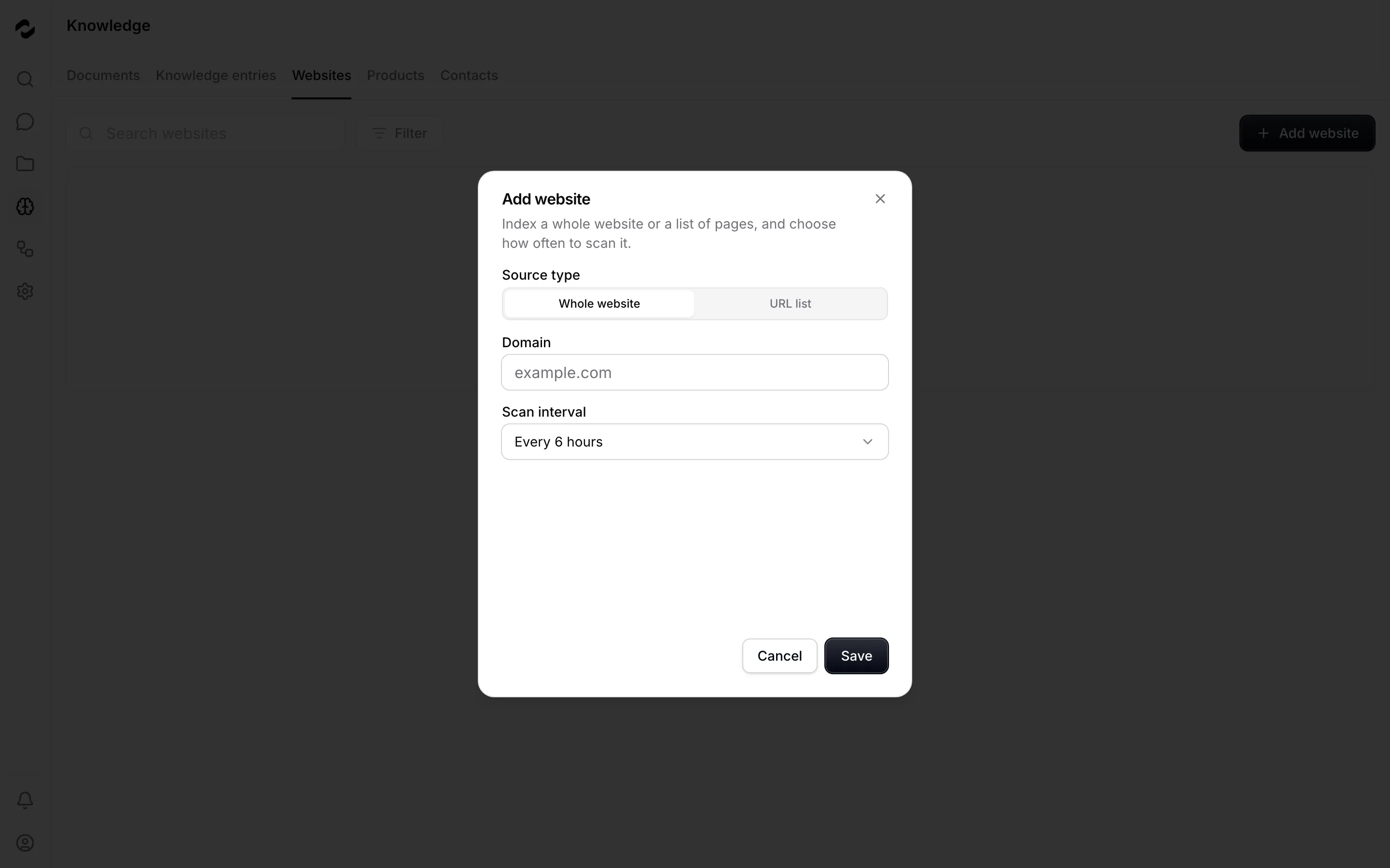 The Add website dialog shows Domain and Scan interval with a six-hour default.